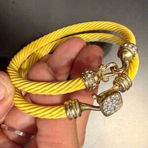 Pair of Yellow Wire Cable Cuff Rhinestone Bracelets